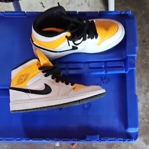 Nike White Yellow Black Air Jordan 1 Mid Sneakers